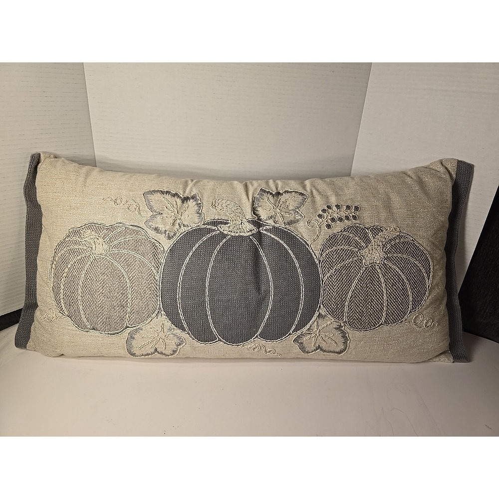 Loving Kindness Appliqued Embroidered Pumpkin Throw Pillow Gray Beige Fall 28x13